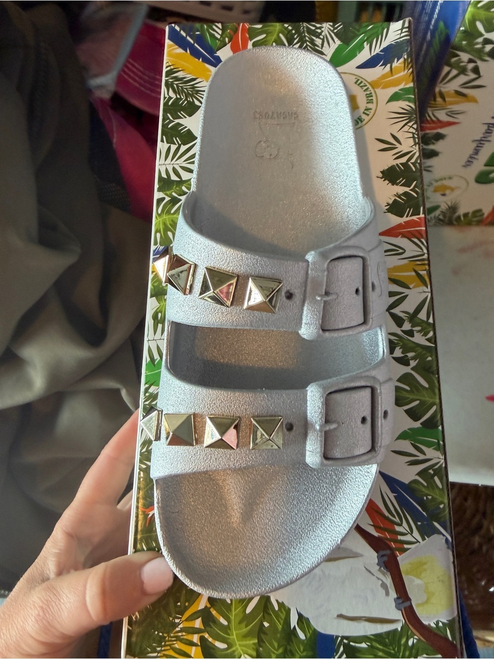 Women’s Metallic Silver Double-Strap Studded Slide Sandal